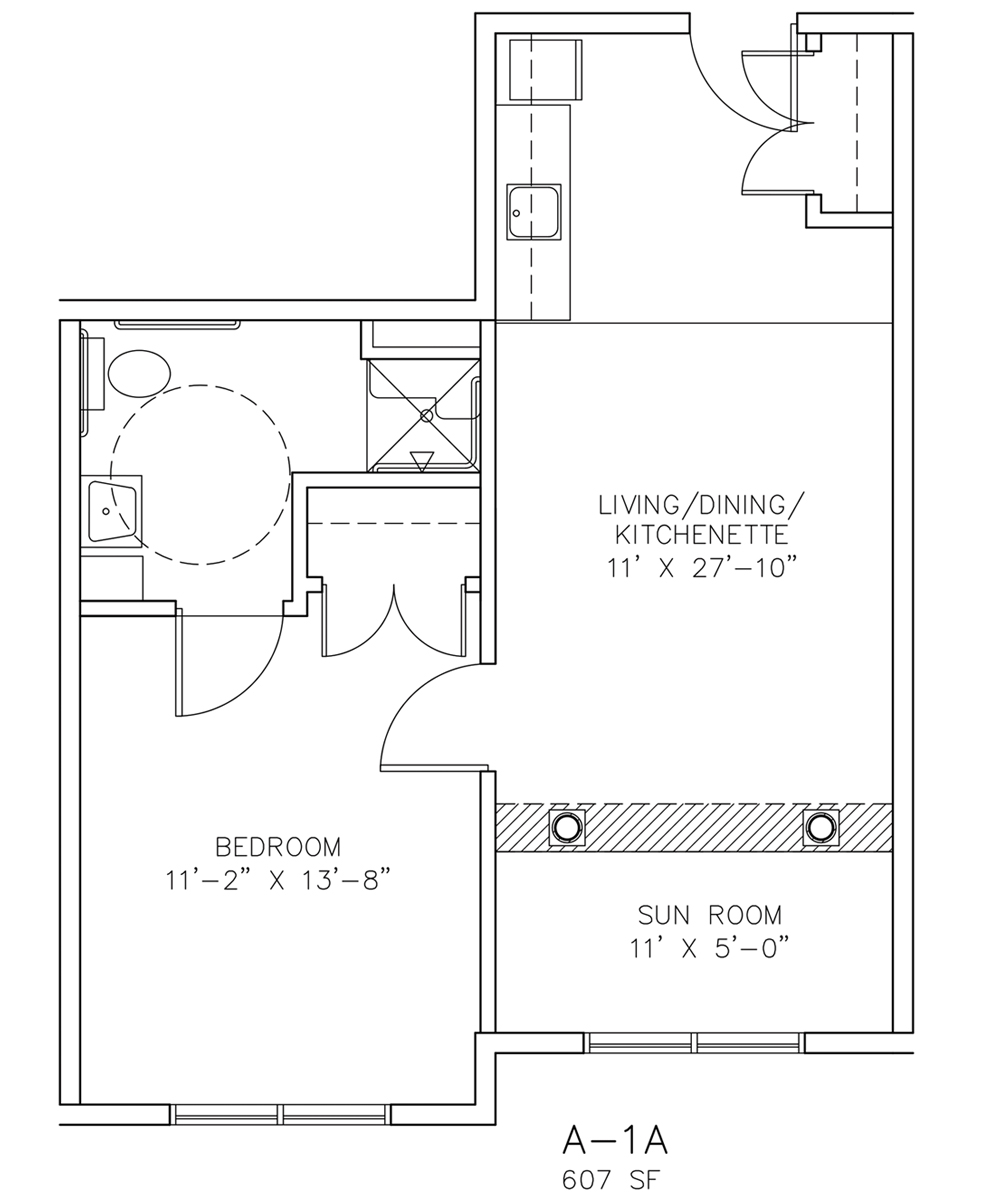 A-1A - One Bedroom - 607 sf