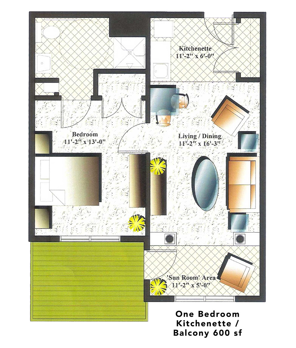 One Bedroom / Kitchenette / Balcony 600 sf
