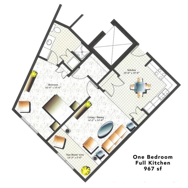 One Bedroom / Full Kitchen 967 sf