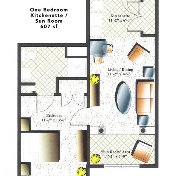 One Bedroom / Kitchenette 607 sf